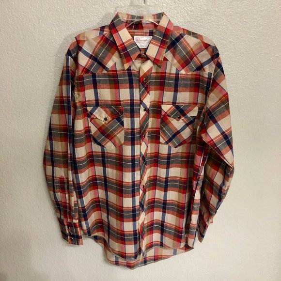Classic 60s Vintage Red and Navy Blue Plaid Pearl Snap Button Down Size XL 17-34 - Picture 1 of 9